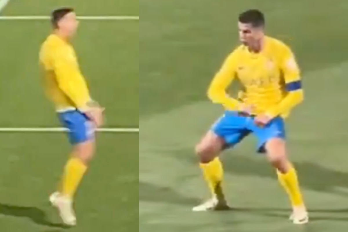 Cristiano Ronaldo pictured aiming offensive gestures towards Al-Shabab fans after Al Nassr's 3-2 win in the Saudi Pro League in February 2024